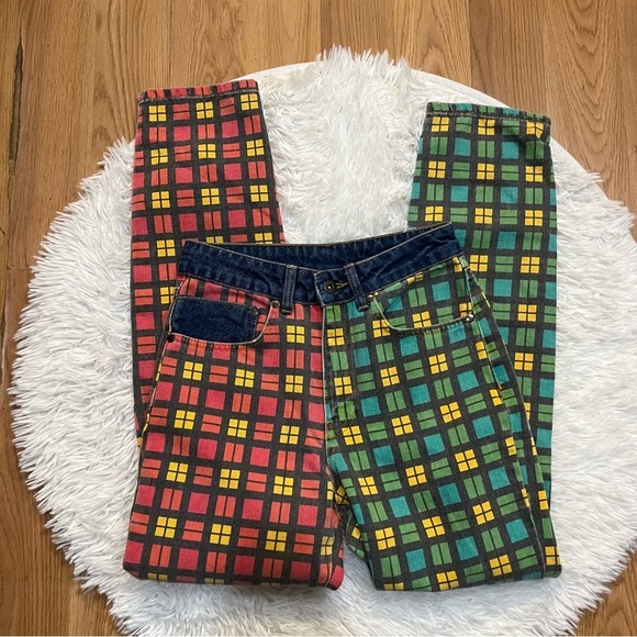 The Ragged Priest Hot Rod Mix Check Mom Jeans in Red & Green - Picture 5 of 15